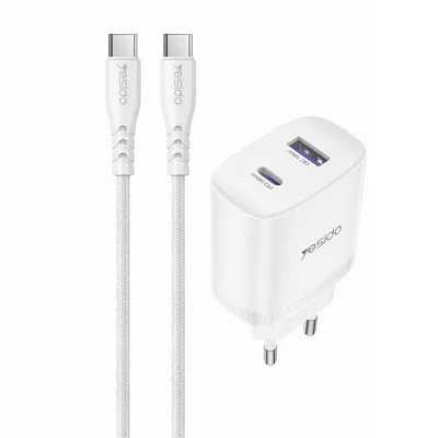 YESIDO YC108 EU Plug PD 35W USB-C + QC 18W USB-A Wall Charger Dual Port Fast Charging Adapter with 1m Type-C Cable - White
