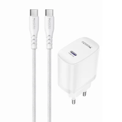 YESIDO YC107 EU Plug PD 35W USB-C Wall Charger Fast Charging Adapter with 1m Type-C Cable for Laptop Phone - White