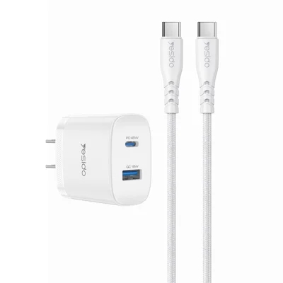 YESIDO YC23U US Plug PD 45W USB-C + QC 18W USB-A Wall Charger Dual Port Fast Charging Adapter with 1m Type-C Cable - White