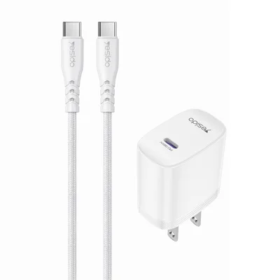 YESIDO YC20U US Plug PD 35W USB-C Wall Charger Fast Charging Adapter with 1m Type-C Cable for Laptop Phone - White