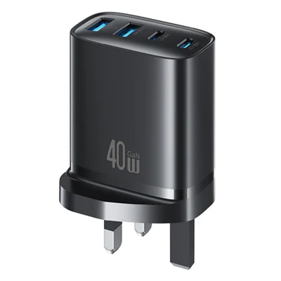 USAMS CC332 T70 2 USB-A + 2 USB-C 4-Port GaN Power Adapter 20W Fast Charger, UK Plug - Black