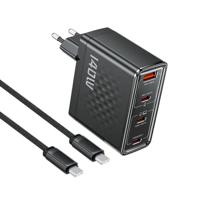 TOOCKI Chargeur GaN 140W 4 ports 3 USB-C 1 USB-A Station de charge rapide PD3.1 Adaptateur secteur avec câble 2m - Prise UE / TCT140-40B