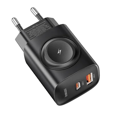 TOOCKI TCT20-21EU Chargeur 3-en-1 GaN Double Port 20 W USB-C 18 W USB-A Station de Charge Magnétique sans Fil 2 W pour Apple Watch - Noir / Prise UE