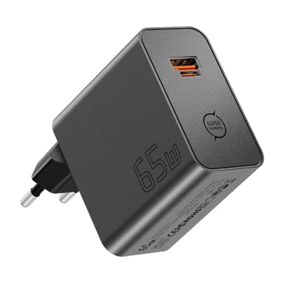 ESSAGER ES-CD65 65W Carregador de Parede GaN Tipo-C USB-A 2-em-1 Porta Combinada Adaptador de Energia Portátil para Telemóvel Tablet Portátil - Preto / Tomada EU
