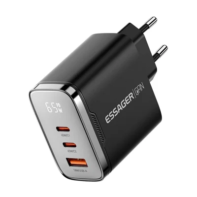 ESSAGER ES-CD64 65W GaN-wandlader 3-poorts 2 USB-C+USB-A snelladen digitale display reislader - Zwart / EU-stekker