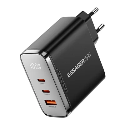 ESSAGER ES-CD56 Carregador de Parede 100W GaN, Carregamento Rápido de 3 Portas 2 USB-C+USB-A, Adaptador de Energia de Viagem com Visor Digital - Preto / Tomada EU