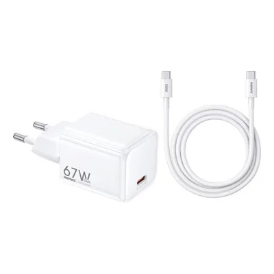 REMAX CA-16 67W GaN Foldable Travel Wall Charger Type-C Port PD Fast Charging Power Adapter with 100W USB-C Cable - White  /  EU Plug