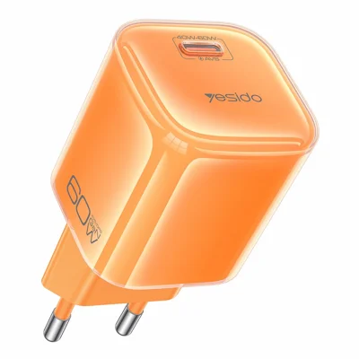 YESIDO YC117 40-60 W Carregador USB-C GaN com Cabo USB-C Adaptador de Carregamento Rápido Dinâmico AVS DPS PPS Bicolor Transparente para Telemóvel, Tablet e Portátil - Laranja