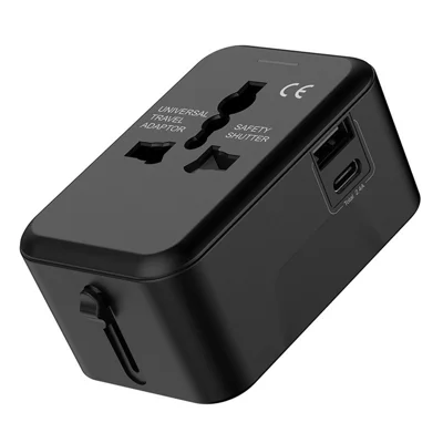 Universal Global Travel Charging Adapter International Plug Charger Converter with AC Outlet + Type C + USB-A Ports - Black