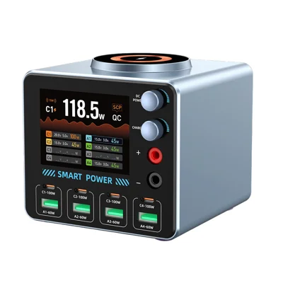 WLX-F4 USB-C + USB-A 8-Port GaN Desktop Charger 100W Fast Charging Station Magnetic Wireless Charger with Digital Display - US Plug