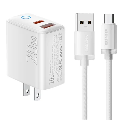 ESSAGER ES-CD55 20W Charging Set Type-C + USB-A Fast Charger with USB-A to Type-C Data Cable - US Plug