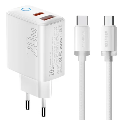 ESSAGER ES-CD55 Carregador de 20 W Conjunto com Dupla Porta USB-A + Tipo-C Adaptador de Carregamento Rápido com Cabo Tipo-C para Tipo-C - Tomada UE