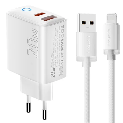ESSAGER ES-CD55 Conjunto de Carregador 20W USB-A + USB-C Adaptador de Carregamento Rápido com Cabo USB-A para IP - Tomada UE