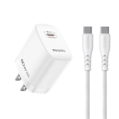 YESIDO YC25U 60W GaN Charger AVS Dynamic Fast Charging Adapter + Type-C to Type-C Cable , US Plug - White