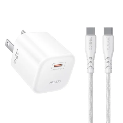 YESIDO YC26U PD 45W GaN Charger Single Port Fast Charging Adapter + Type-C to Type-C Cable , US Plug - White
