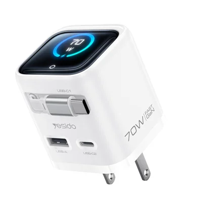 YESIDO YC28U 70W GaN Fast Charger TFT Display USB-A Type-C Adapter with Type-C Retractable Cable , US Plug - White
