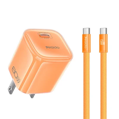 YESIDO YC27U 40W-60W USB-C Charger AVS Fast Charging Kit with Type-C to Type-C Cable, US Plug - Orange