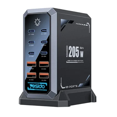 YESIDO YC119 10-Port Desktop-Ladegerät 205 W GaN-Schnellladestation mit RGB-Beleuchtung – EU-Stecker