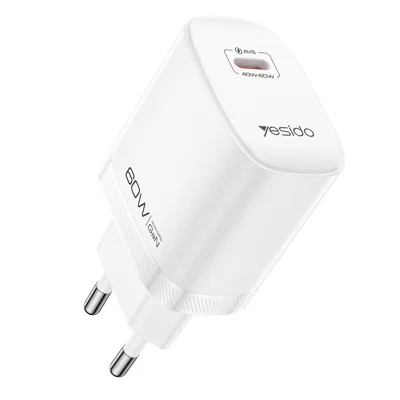 YESIDO YC115 Ładowarka USB-C GaN 40-60 W, Adapter Dynamiczny z Technologią AVS z Kablem Typu C do Typu C, Wtyk UE – Biały