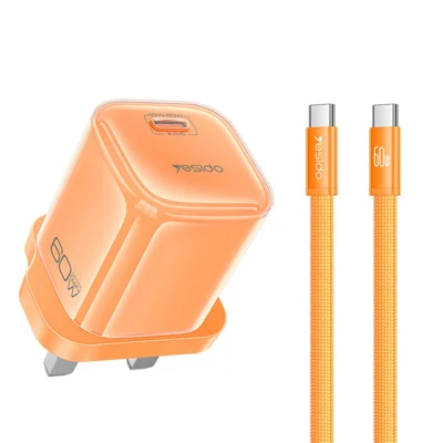 YESIDO YC161 60 Вт Динамическое зарядное устройство USB-C PD Быстрое зарядное устройство с кабелем Type-C – Type-C, Вилка UK - Оранжевый