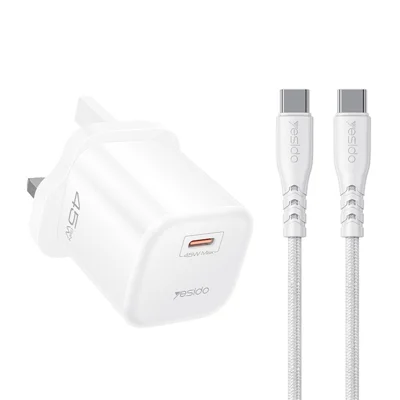 YESIDO YC160 45W GaN Charger USB-C PD Fast Charging Adapter with Type-C Cable , UK Plug - White