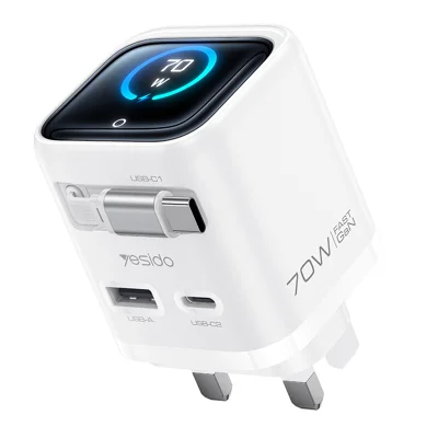 YESIDO YC162 GaN Charger 70W TFT Display Type-C + USB-A Adapter with 70cm Retractable Cable , UK Plug - White