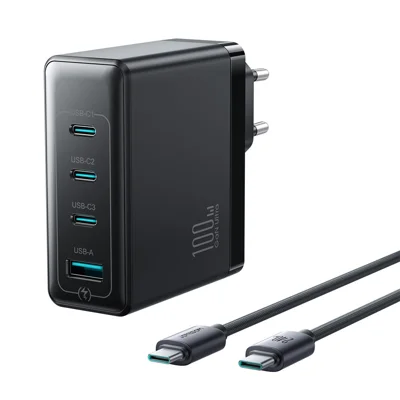 JOYROOM JR-TG11 100W GaN-Schnellladegerät 4-Port-Netzteil EU-Stecker mit 2 m 240W USB-C-Kabel – Schwarz