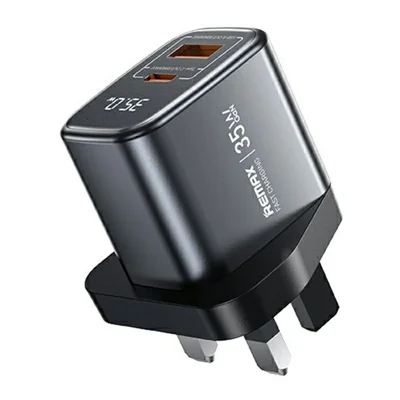 REMAX U2-AC35W GaN Digital Display Fast Charging Adapter 35W Type-C USB-A Charger, UK Plug - Black
