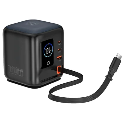 WIWU Wi-G039 Chargeur de Bureau 100 W GaN avec Câble USB-C Rétractable, Affichage OLED, Station de Charge Rapide pour Ordinateur Portable - Noir