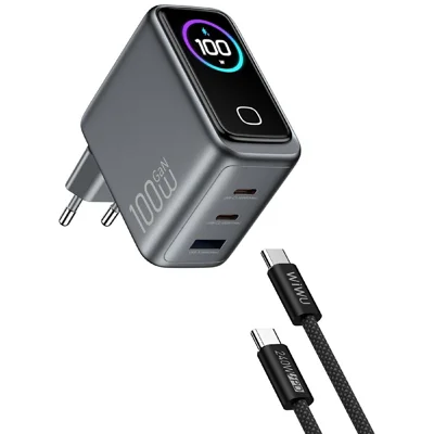 Chargeur mural WIWU CHG300 100 W GaN, 3 ports, charge rapide avec affichage intelligent, prise UE