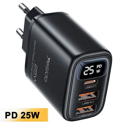 YESIDO YC120L 25W Fast Charger with USB-C to iP Cable Digital Display 3-Port Power Adapter, EU Plug - Black
