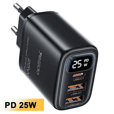 YESIDO YC120C 25W Fast Charger with USB-C to USB-C Cable Digital Display 3-Port Power Adapter, EU Plug - Black