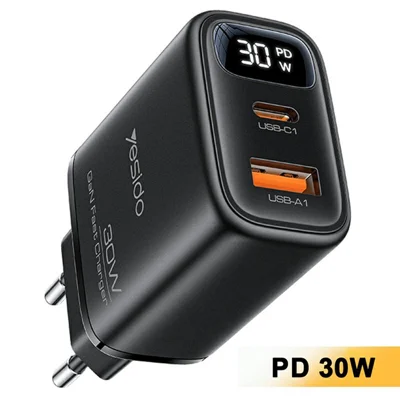 YESIDO YC121 30W Fast Charger USB-A + USB-C Dual Port GaN Power Adapter with Digital Display, EU Plug - Black