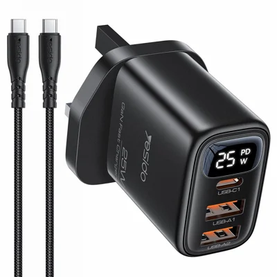 YESIDO YC163C 25W Fast Charger with USB-C to USB-C Cable Digital Display 3-Port Power Adapter, UK Plug - Black