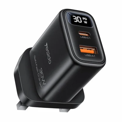YESIDO YC164 30W Fast Charger USB-A + USB-C Dual Port GaN Power Adapter with Digital Display, UK Plug - Black
