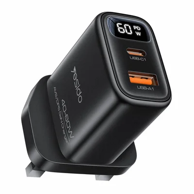 YESIDO YC165 PD 60W Fast Charger USB-A + USB-C Dual Port Digital Display Power Adapter, UK Plug - Black