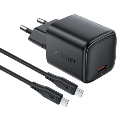 ACEFAST A119 PD 45W Mini GaN USB-C-Schnellladegerät-Set mit 1,2 m USB-C-Kabel, EU-Stecker – Schwarz