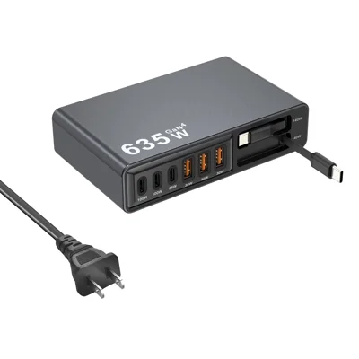 8-Port GaN Desktop Charger 140W Fast Charging Station with Dual Retractable Type-C Cables - US Plug