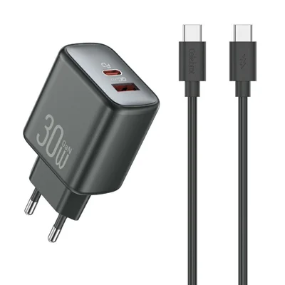 CELEBRAT C-D04 PD 30W GaN Snabbladdare USB-C + USB-A Dubbelport Adapter med 1m Kabel - Typ-C till Typ-C Kabel