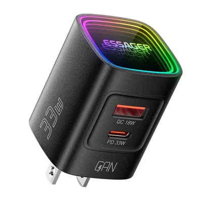 ESSAGER ES-CD63 GaN Charger USB-C + USB-A Dual Port PD 33W QC 18W Fast Charger for Travel - Black  /  US Plug
