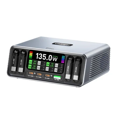WLX-80C 165 W 8-Port-Ladestation mit 4 einziehbaren Kabeln Desktop-Ladegerät mit digitalem Display für Laptop, Telefon, Tablet – US-Stecker
