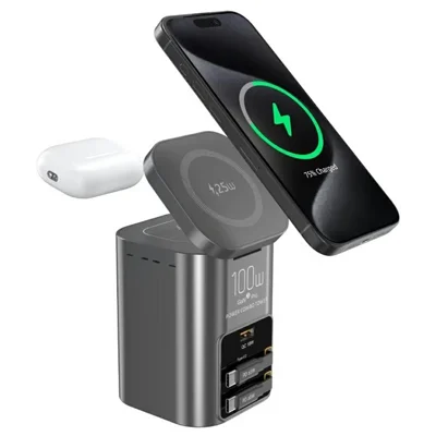 100W Desktop-Ladestation 25W Qi2.2 Wireless Charger mit zwei 75 cm einziehbaren USB-C-Kabeln – EU-Stecker