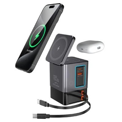 I161MAX 6 in 1 GaN Charging Station with Dual Retractable USB-C Cables 15W Wireless Charger - US Plug