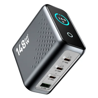 WLX-P3 140W GaN 4-Port Ladegerät USB-C + USB-A Schnellladestation mit Echtzeit-Anzeige für Leistung und Temperatur – US-Stecker