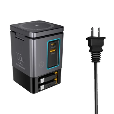 I116-max GaN Desktop-Ladestation Magnetische kabellose Ladestation mit zwei einziehbaren USB-C-Kabeln – Schwarz US-Stecker