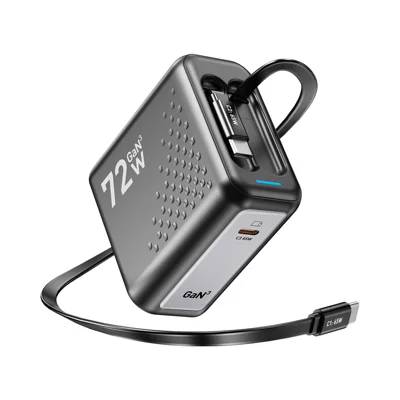 WLX-P5 65W GaN-Ladegerät mit doppeltem einziehbarem Kabel, 3-Port-Schnellladegerät für Telefon, Tablet, Laptop – US-Stecker