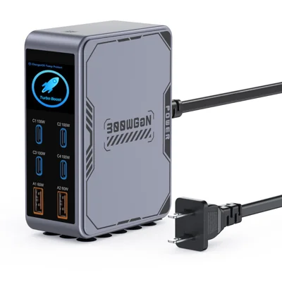 BK-122D GaN Multi-Port Charger 6-in-1 4 USB-C + 2 USB-A 100W Single Port Max PD 3.0 HD Color Touch Screen Power Adapter - US Plug