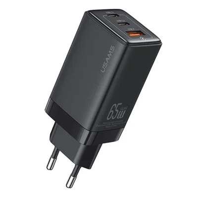 USAMS US-CC180 Sandru-serie 65W 3-poorts GaN snelladerblok 2USB-C+1USB-A wandlader, EU-stekker - Zwart