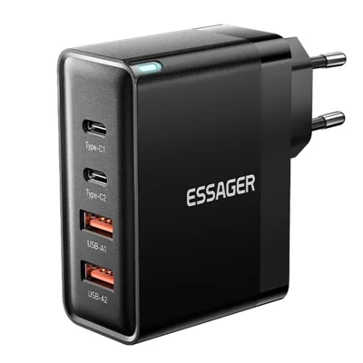 ESSAGER ES-CD37 100W Fast Charging Block 4-Port Wall Charger with 2 USB-C + 2 USB-A for Laptop Phone Tablet - Black / EU Plug