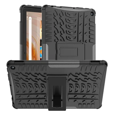 For Amazon Fire HD 10 (2023) Tablet Case Tyre Pattern PC+TPU Kickstand Cover - Black